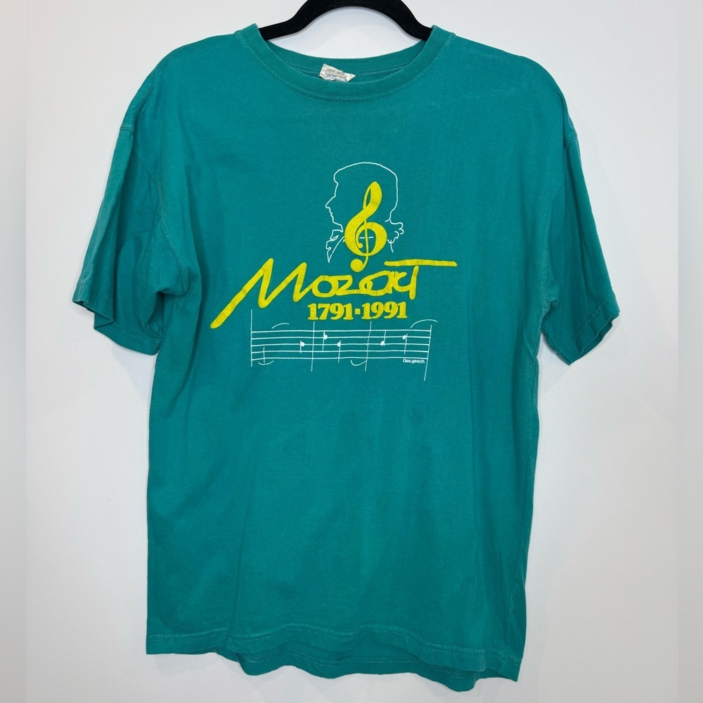 Vintage Teal Mozart 1791-1991 Graphic Tee with Yellow & White Print